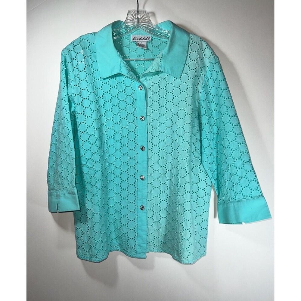 Birch Hill top‎ womens sz large 3/4 sleeve button up collared Faux Jewel buttons